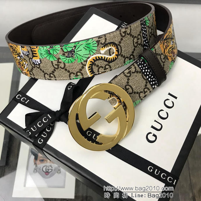 GUCCI古馳 官網經典 原單品質 對版孟加拉虎面料 咖啡色牛皮底 雙G拋光亮面扣 男士皮帶  xfp1451